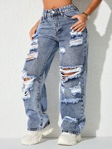 Quần jeans ống đứng cạp cao xẻ tà, túi bên hông, phong cách vintage Y2K Rave, thích hợp cho mùa xuân. - Rửa tối - Xem 5