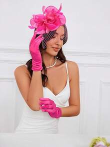Ibeauti Fascinator Hats With Screentouch Lace Gloves Set Women Tea Party Cocktail Wedding Derby Headwear Short Gloves - 04 Hot Pink 01 - 查看 5