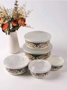 5pcs Multicolor Enameled Airtight Food Storage Containers Set, 10/12/14/16/18oz, Serving Bowls For Fruits, Veggies, Lids,Kitchen,Christmas Gift