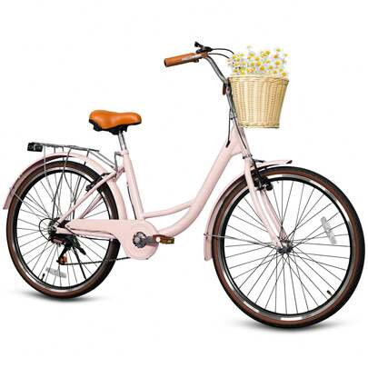 Beach Cruiser Bike For Women, 24 26 Inch 7 Speed Commute Bike For Adults, Womens Bicycle With Ratten Basket And Adjustable Seat, Lightweight Step Through Bike For Adults Women Ladies