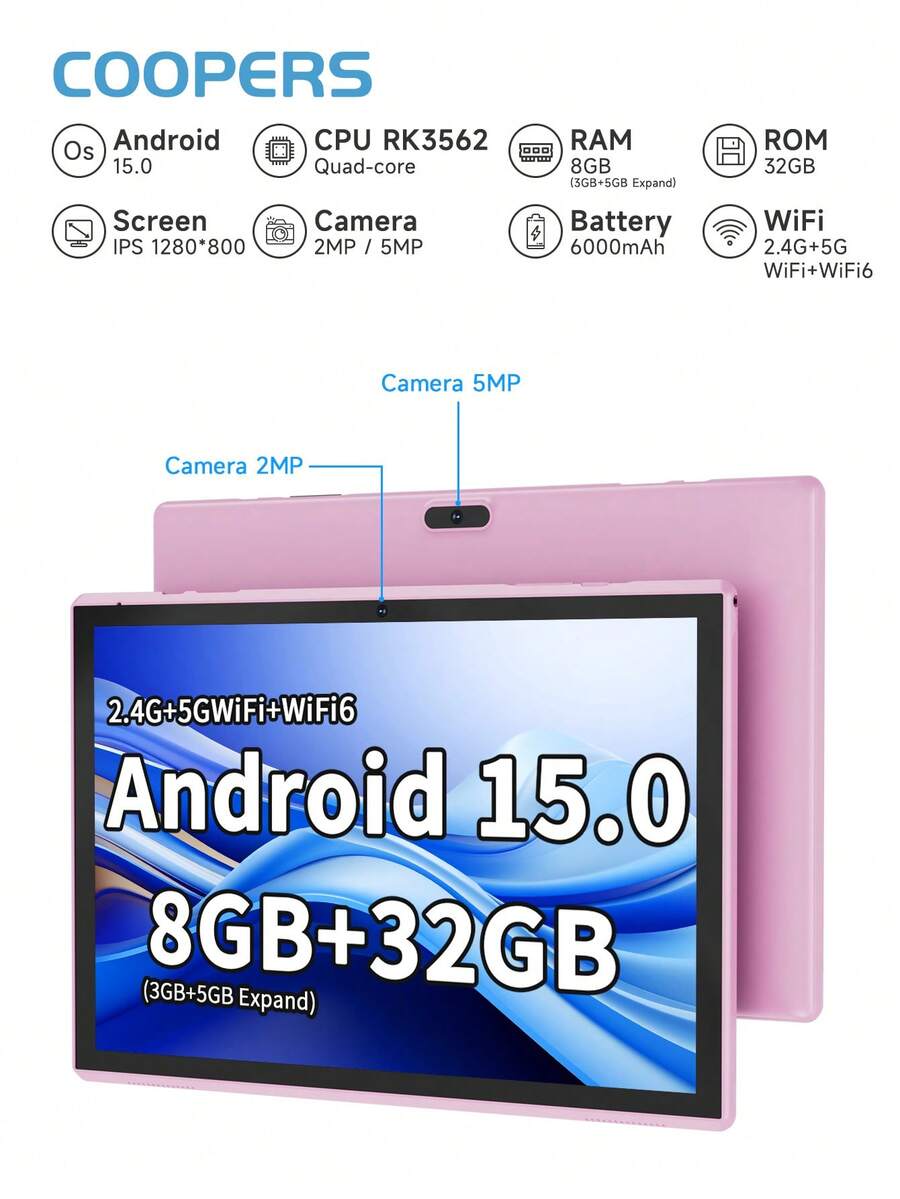 Coopers 10.1 Inch Android 15 Tablet, WIFI Tablet PC, 3GB RAM, 32GB ROM, Support 1TB Expandable, Quad-Core, 2.4G+5G WiFi, Dual Band WiFi6, 2MP + 8MP Dual Camera, 1280 * 800 IPS HD Touch Screen,Wi-Fi, 6000mAh Battery, Support Widevine L1(No Adapter) - Pink - View 1