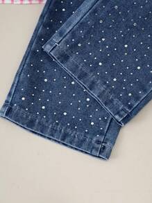 Set de 3 piezas de ropa para niñas pequeñas, con blusa perlada elegante, chaleco bordado con lazo y pantalones de mezclilla, para primavera/otoño - Púrpura malva - Ver 7