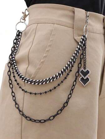 A Fashionable Accessory With Personalized, Fashion, Dark Black Heart Pendant, Double-Layer Zinc Metal Versatile Pants Chain