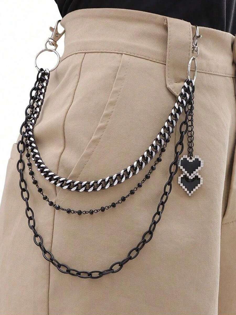 A Fashionable Accessory With Personalized, Fashion , Dark Black Heart Pendant, Double-Layer Zinc Metal Versatile Pants Chain - Black - View 1