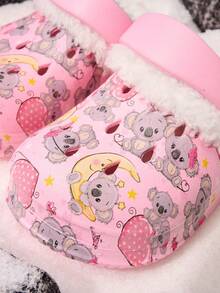 1 Pair Girls Cute Koala & Heart Thermal Lined Warm Comfortable Indoor Slip-On Shoes, Suitable For Winter - Pink - View 6