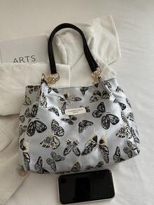 Fashionable Striped Handbag - Women's Large Capacity Shoulder Bag - Zipper Tote Bag For Daily Use - Metal Chain Tote Bag, Waterproof Nylon Material With Colorful Butterfly Pattern, Suitable For Back To School Students - Black - View 7