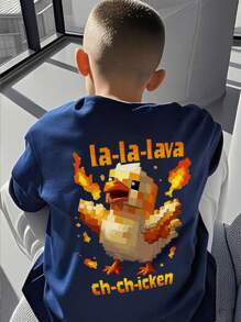 Boys & Teens Students Casual Printed Round Neck Short Sleeve T-Shirt, Summer Top - Navy Blue - View 1