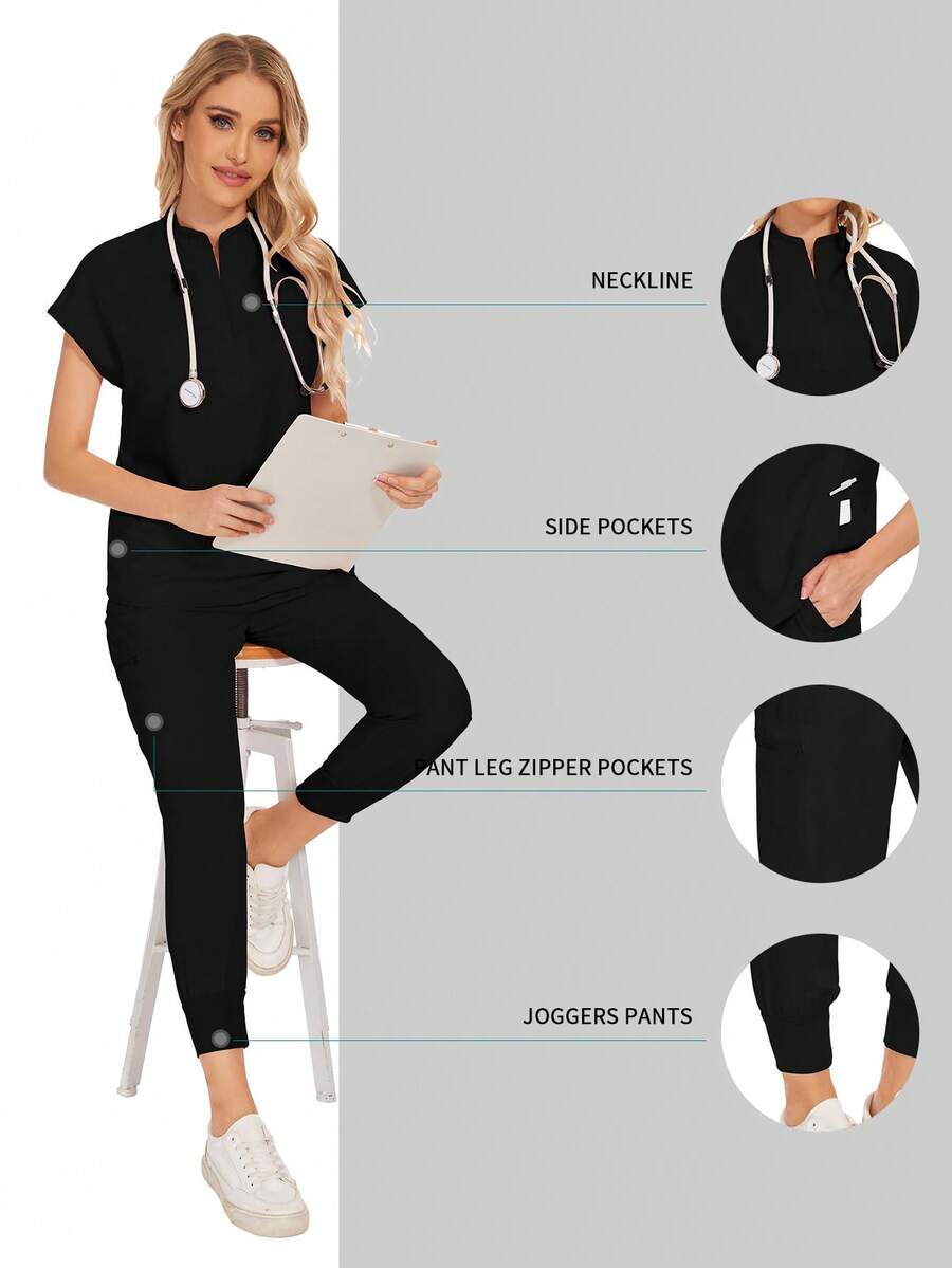 批发时尚手术服套装牙科医院制服套装纯色手术服口袋 V 领手术服套装女士慢跑裤套装