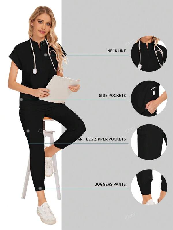 Wholesale Fashion Scrub Suits Dental Hospital Uniform Set Solid Color Surgical Gown Pocket V-Neck Scrubs Sets For Women Joggers Pants Suit