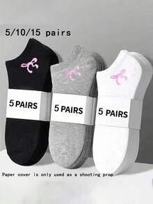 5/10/15 Pairs Unisex Comfortable Versatile Solid Color Black/White/Gray Bowknot Ankle Socks - Multicolor - View 2