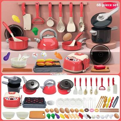 68pcs/93pcs Pink/Green Doll Kitchen Toys, Little Chef Toy Set, Simulated Kitchen Utensils Set, Lids, Scissors, Kitchen Toys, Children Toys