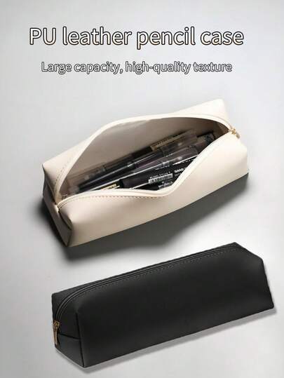 Back To School Season 1 Piece Three-Dimensional Leather Simple Pencil Case Unisex Makeup Brush Storage Bag Zipper Stationery Foldable Convenient PU Makeup Stationery Pencil Pen Storage Bag Gift