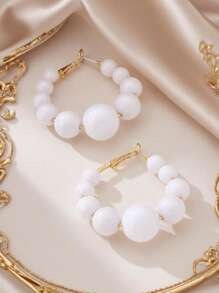 1pair Fashion Boho Style Lightweight Golden Tapered Beaded Acrylic Balls Design Hoop Earrings Suitable For Daily Wear, Party, And Beach Outings As Gifts