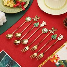 Christmas Spoon Fork Set,Stirring Mixing Spoons With Dessert Fork,Creative Christmas Tree Santa Stainless Steel Dessert Spoons For Xmas Party Tableware Decor Gift Home Dinner Coffee