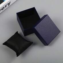 1pc Solid Color Jewelry Box, Faux Leather Paper Texture Square Watch/Ring/Necklace Gift Box With Lid - Navy Blue - View 2