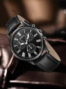 4件套男士黑色PU皮表带休闲商务罗马刻度石英表、手链、项链、戒指首饰套装，适合日常佩戴或作为父亲节礼物 - B - 查看 3