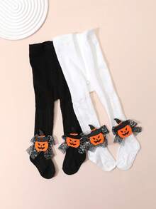 2pcs Baby Girls' Simple Shiny Bow Decor Solid Color Cable Knit Tights, Suitable For Halloween Pumpkin & Skull Outfit, Holiday Wear - Black and White - View 4