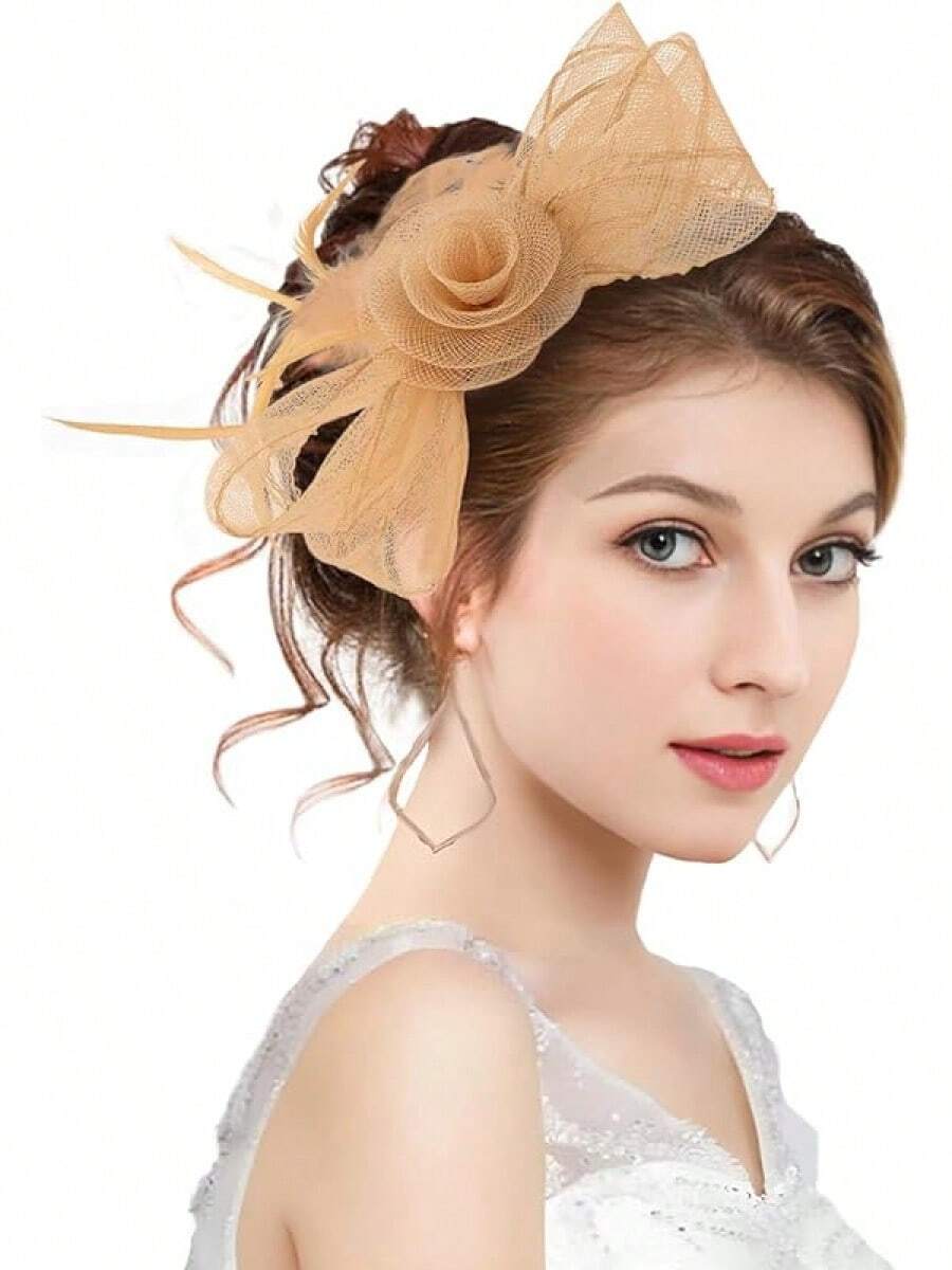 Unpifolov Fascinators Hats Flower Mesh Feathers Headband Tea Party Wedding Derby Cocktail Hair Clip Headwear Girls Women - 深黃色 - 查看 1