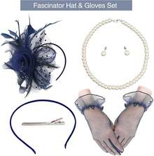 Ibeauti Fascinator Hats With Screentouch Lace Gloves Set Women Tea Party Cocktail Wedding Derby Headwear Short Gloves - 02 海軍藍 - 查看 4