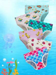 6pcs/Pack Girls' Cotton Mermaid, Heart, Rainbow Printed Underwear Briefs - Multicolor - View 1