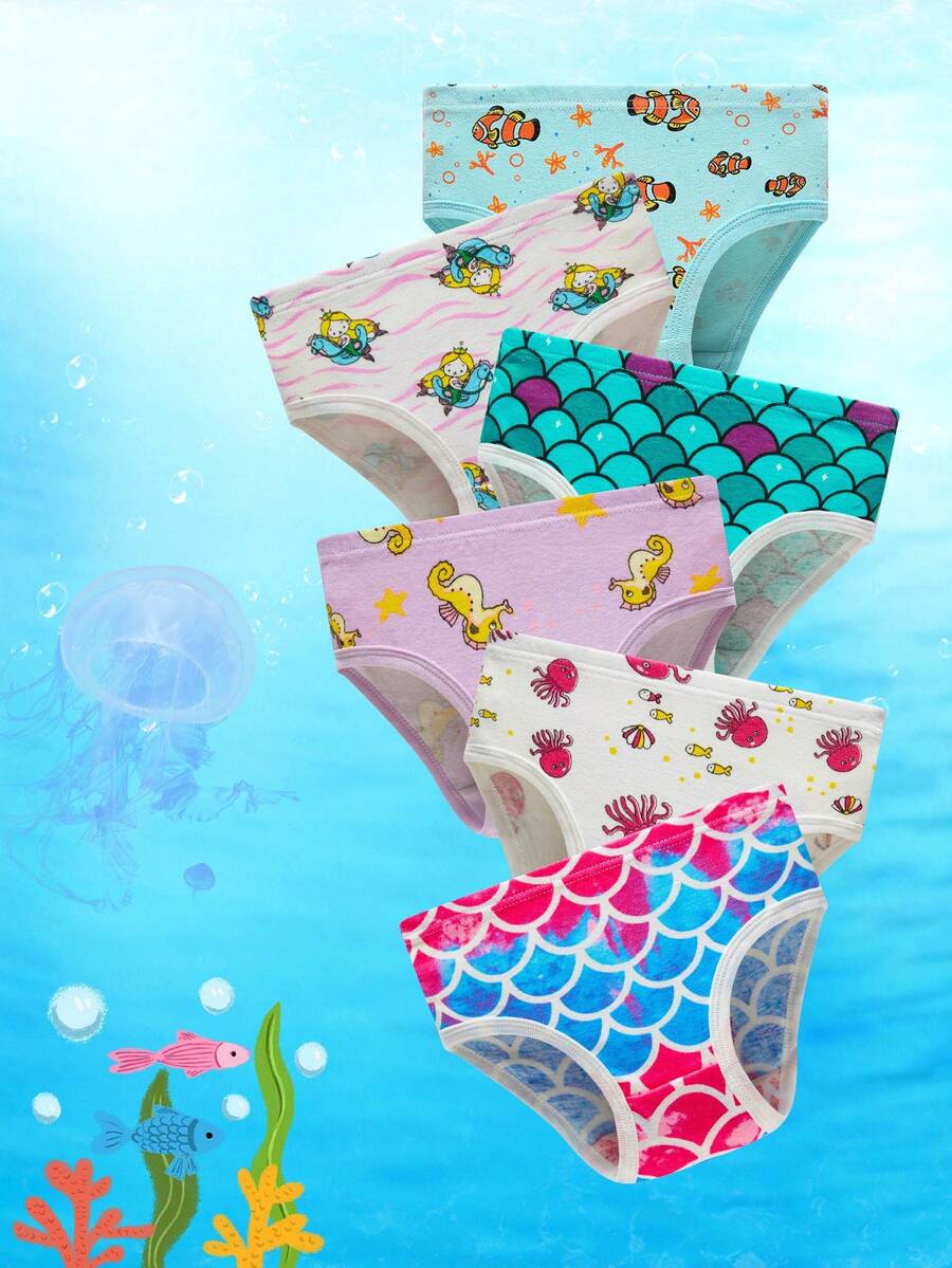 6pcs/Pack Girls' Cotton Mermaid, Heart, Rainbow Printed Underwear Briefs - Multicolor - View 1