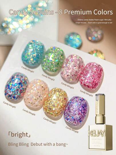  XEIJAYI Candy Sequins 8Colors 15ml Whitening Popular Candy Sequins Series Nail Polish Set Suitable For Home DIY Nail Art