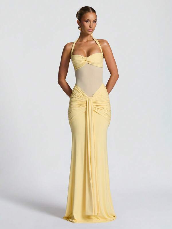 Sexy Spaghetti Strap Backless Waist Cinched High Slit Dress, Mesh Patchwork Vacation Party Dress