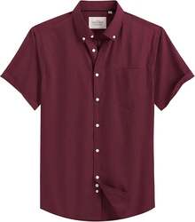 Men's Short Sleeve Oxford Shirt Regular Fit Button Down Collar Shirts With Pocket-20256688 - 酒紅色 - 查看 1