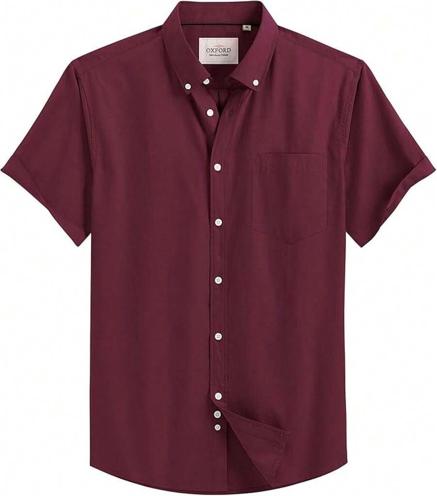 Men's Short Sleeve Oxford Shirt Regular Fit Button Down Collar Shirts With Pocket-20256688 - 酒紅色 - 查看 1
