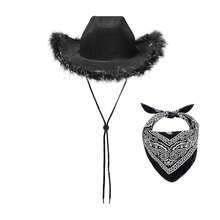 Adjustable Chin Strap Cowboy Hats Cowgirl Hat With Scarf For Women Girls Cowboy Costume Theme Party - 黑色毛邊和方巾 - 查看 3
