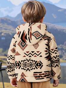 Young Boy Geometric Flocked Long Sleeve Thickened Fleece Hooded Sweatshirt, Casual Outdoor, Shopping, Suitable For Winter - Nhiều màu - Xem 5