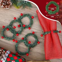 6/12 Pcs Christmas Napkin Rings Holly Berry Napkin Buckle Needles Wreath Pines Red Berries Candle Ring Wreath Holder For Xmas Birthday Wedding Thanksgiving Party Banquet Table Decorations