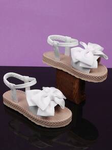 1 Pair Plus Size White Flat Sandals For Toddler Girls, Solid Color PU Adjustable Buckle Bow Decor, Open Toe Comfortable Cute Roman Sandals Suitable For 3-15 Years Old Students Daily, Casual, Travel, Summer - trắng - Xem 3