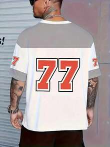 男士夏季时尚街头风格 T 恤，休闲圆领短袖上衣，3D 数字印花 - 黑色配橙色 77 - 白色 - 查看 3