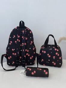 三件套时尚草莓印花书包套装，包含书包、午餐包和铅笔盒，带笔记本电脑隔层、可调节肩带、多口袋大容量多功能书包套装，适合女生/青少年/大学生/毕业生日常使用/度假/旅行/返校 - 黑色 - 查看 11