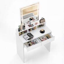 OYAJIA White Modern LED Vanity Table With LED Dimmable Mirror | Large Rectangular Mirror Dressing Table With Soft Lighting, 2 Spacious Drawers & 3 Open Compartments | UK Home Decor, Makeup Organizer, Bedroom Furniture - White - View 10