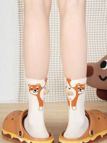 3双装女士卡通趣味小狗设计休闲可爱情侣中筒袜，日常百搭（随机发货） - 彩色 - 查看 6