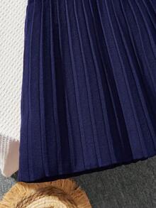 Girls' Sweater Dress, Fashionable Elegant British Style Contrast Color Bow Fake Pocket Round Neck Long Sleeve Princess Dress, Suitable For 3-11 Years Old Girls, A-Line Pleated Skirt, Warm Knitted Dress For Autumn/Winter - Navy Blue - View 7