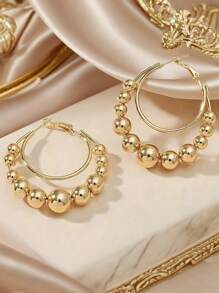 1pair Fashion Boho Style Lightweight Golden Tapered Beaded Acrylic Balls Design Hoop Earrings Suitable For Daily Wear, Party, And Beach Outings As Gifts