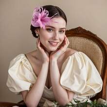 Fascinators Hats Women,Tea Party Fascinator Hair Clip With Feathers Wedding,Derby Hats Headbands - Ha9582-粉紅色 - 查看 2