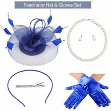 Ibeauti Fascinator Hats With Screentouch Lace Gloves Set Women Tea Party Cocktail Wedding Derby Headwear Short Gloves - 07 Blue - 查看 4