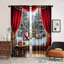 Conjunto de 2 Cortinas de Natal com Árvore de Natal - Bolso para Varão, Impressão Digital, Tecido de Poliéster, Apresentando Cena Natalina Nevosa com Boneco de Neve e Presentes, Decoração Vermelha e Branca Adequada para Sala de Estar, Cozinha, Quarto, Sala de Jantar, Decoração de Natal para Casa (Efeito Estampado, Sem Painéis de Cortina) Decorações de Natal Decoração de Casa Decoração de Quarto - Multicolorido - Ver 4