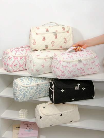 1 件大容量绗缝化妆品和吹风机收纳袋便携式旅行洗漱用品收纳旅行收纳盒旅行洗漱用品包带多个口袋适合风干机、4 个卷发筒、2 个平滑刷、丰盈刷、轻便旅行手提箱用于头发时尚简约旅行化妆收纳袋