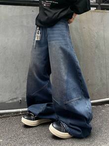 1 pieza Jeans rectos con diseño de parches y lavado vintage desgastado de ajuste holgado para hombre (Cinturón y accesorios no incluidos) - Neblina azul - Ver 4