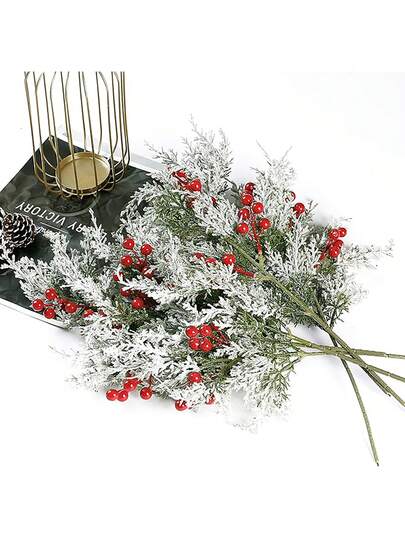 1 pezzo Rami artificiali di pino con bacche rosse - Decorazione verde invernale per alberi di Natale, realizzazione di corone, composizioni floreali, decorazioni per vasi e decorazioni natalizie