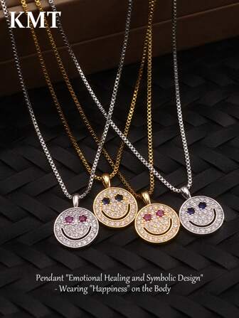 1pc Copper-Plating Zirconia Stone Creative Smiling Face Pendant Necklace, Fashionable Accessory For Women, Daily & Party Wear, Gift For Friends