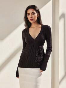 Women Cable Knit Sweater Solid V Neck Long Sleeve A-Line Pullover Tops Casual Winter Fall Clothes - màu nâu - Xem 8
