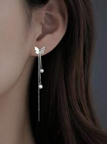 Aretes de borlas de hilo de plata esterlina S925 con mariposa para mujer, de estilo largo y sencillo, joya fresca que combina con todo, regalo de joyería - Mariposa - Ver 2