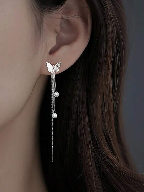 Aretes de borlas de hilo de plata esterlina S925 con mariposa para mujer, de estilo largo y sencillo, joya fresca que combina con todo, regalo de joyería