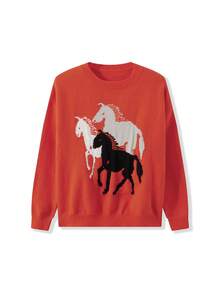 Women Y2k Graphic Sweater Pullover Long Sleeve Crew Neck Oversized Knit Aesthetic Sweatshirt Cute Horse Pattern Preppy Jumper Top - 紅色 - 查看 6